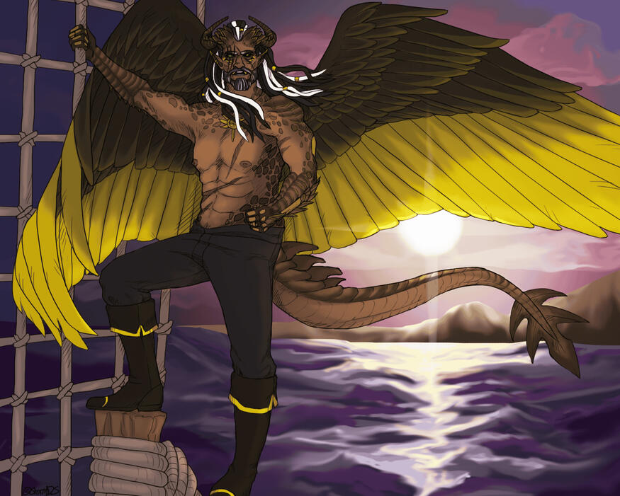 An illustration of a winged dragon-pirate man with a backgroundfeaturing a sunset over the sea.