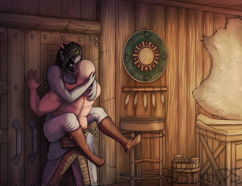 An illustration of two characters with a detailed indoor background