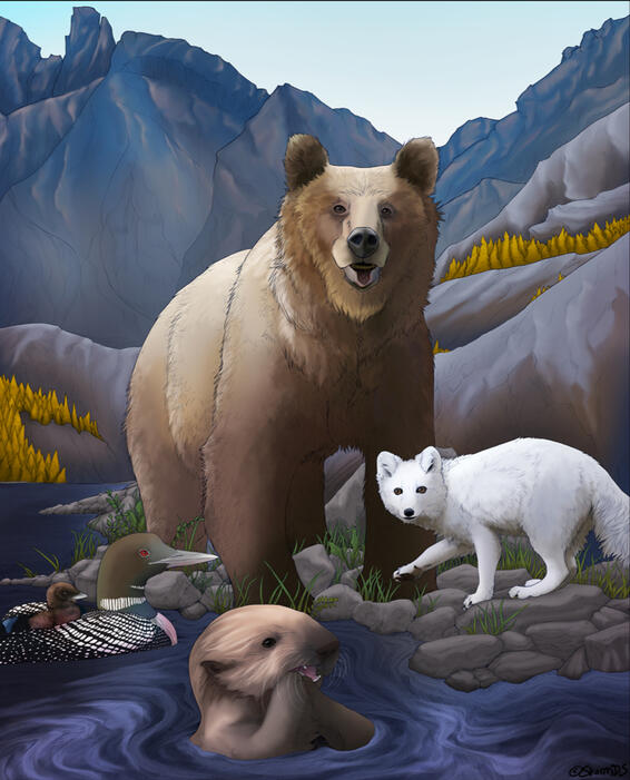 An illustration featuring several Alaskan animals against a mountain background. An illustration featuring several Alaskan animals against a mountain background.