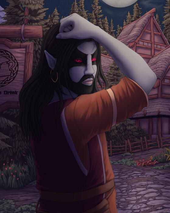 A halfbody of a dark elf character against a fantasy woodland inn background.