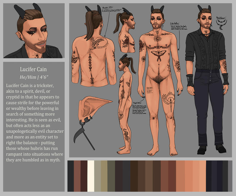 A complex reference sheet with three fullbody poses, two halfbody shots from different angles, and a headshot.