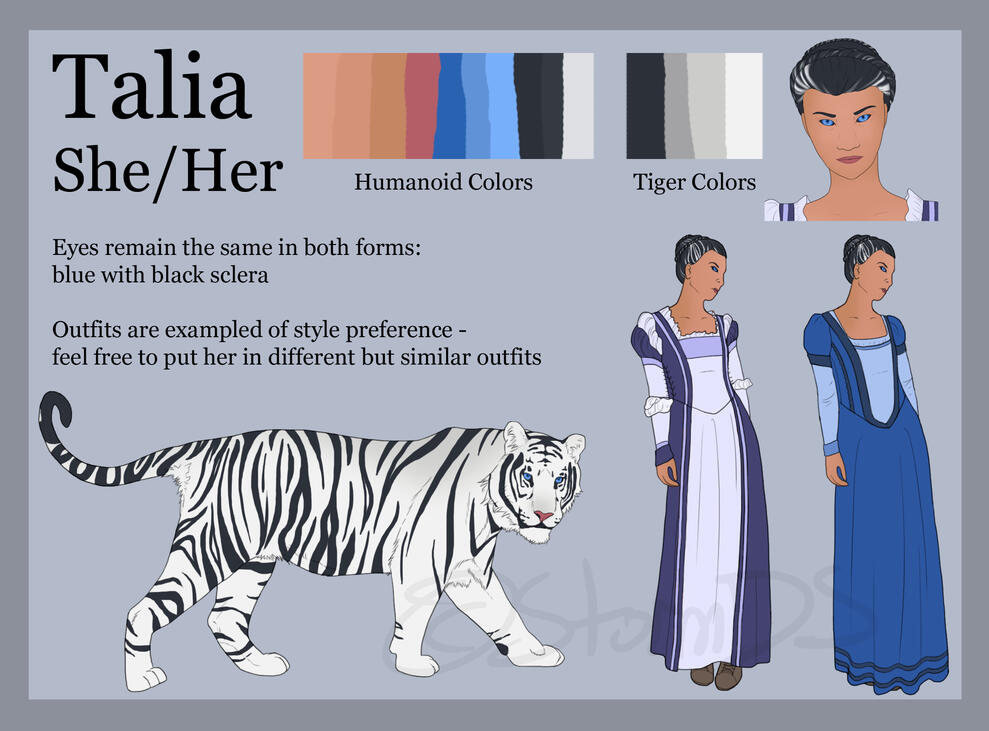 A complex reference sheet featuring two forms, multiple outfits, a headshot, a color pallete for each form, and a brief description of the character