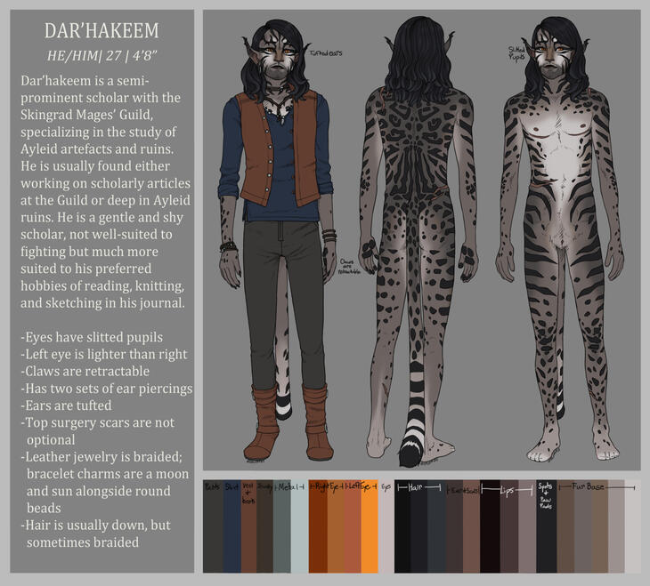 A basic reference sheet featuring three fullbody images with a color pallete, description of the character, and artist's notes.