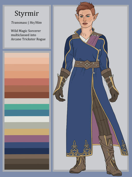 A simple reference sheet featuring one fullbody image with a color pallete and brief description of the character